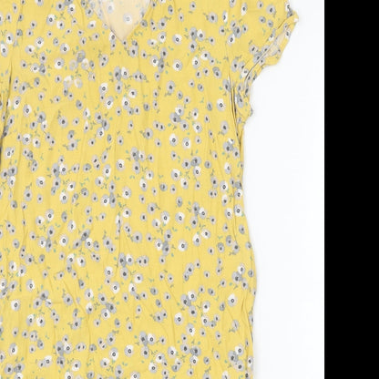Jack Wills Womens Yellow Floral Viscose T-Shirt Dress Size 6 V-Neck Pullover