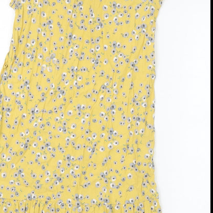 Jack Wills Womens Yellow Floral Viscose T-Shirt Dress Size 6 V-Neck Pullover