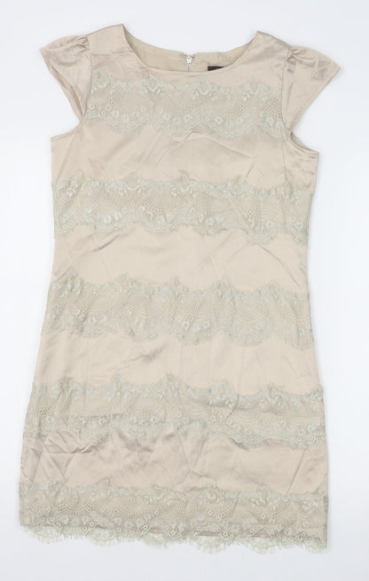 AX Paris Womens Gold Polyester Shift Size 10 Boat Neck Zip - Lace Detail