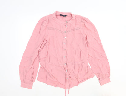 Marks and Spencer Womens Pink Viscose Basic Blouse Size 6 Round Neck - Lace Detail Drawstring Waist