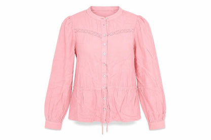Marks and Spencer Womens Pink Viscose Basic Blouse Size 6 Round Neck - Lace Detail Drawstring Waist