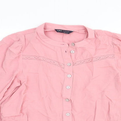 Marks and Spencer Womens Pink Viscose Basic Blouse Size 6 Round Neck - Lace Detail Drawstring Waist