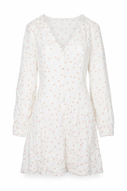 Wednesday's Girl Womens White Polka Dot Viscose Fit & Flare Size S V-Neck Button