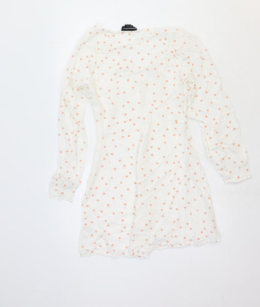 Wednesday's Girl Womens White Polka Dot Viscose Fit & Flare Size S V-Neck Button