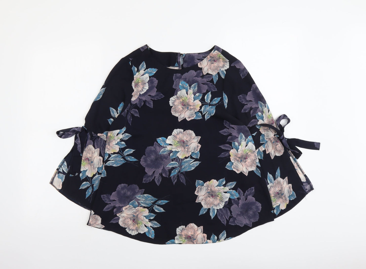 F&F Womens Blue Floral Polyester Basic Blouse Size 6 Scoop Neck - Bell Sleeve