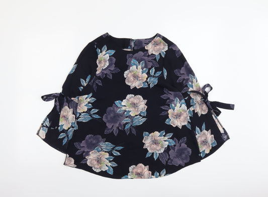 F&F Womens Blue Floral Polyester Basic Blouse Size 6 Scoop Neck - Bell Sleeve