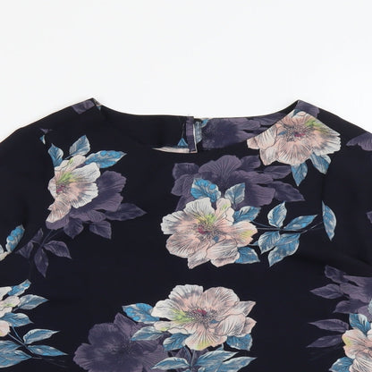 F&F Womens Blue Floral Polyester Basic Blouse Size 6 Scoop Neck - Bell Sleeve