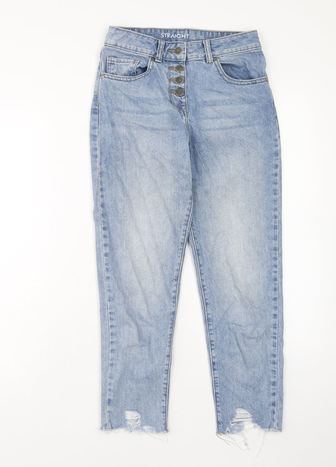 NEXT Womens Blue Cotton Straight Jeans Size 6 Regular Button - Distressed Hems
