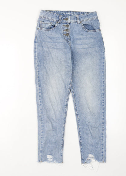 NEXT Womens Blue Cotton Straight Jeans Size 6 Regular Button - Distressed Hems