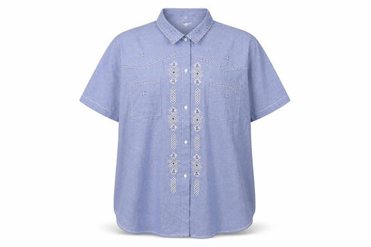 Ricami di Assin Womens Blue Geometric Cotton Basic Button-Up Size 2XL Collared