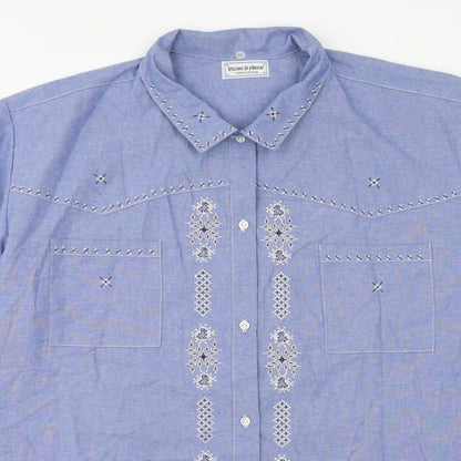Ricami di Assin Womens Blue Geometric Cotton Basic Button-Up Size 2XL Collared