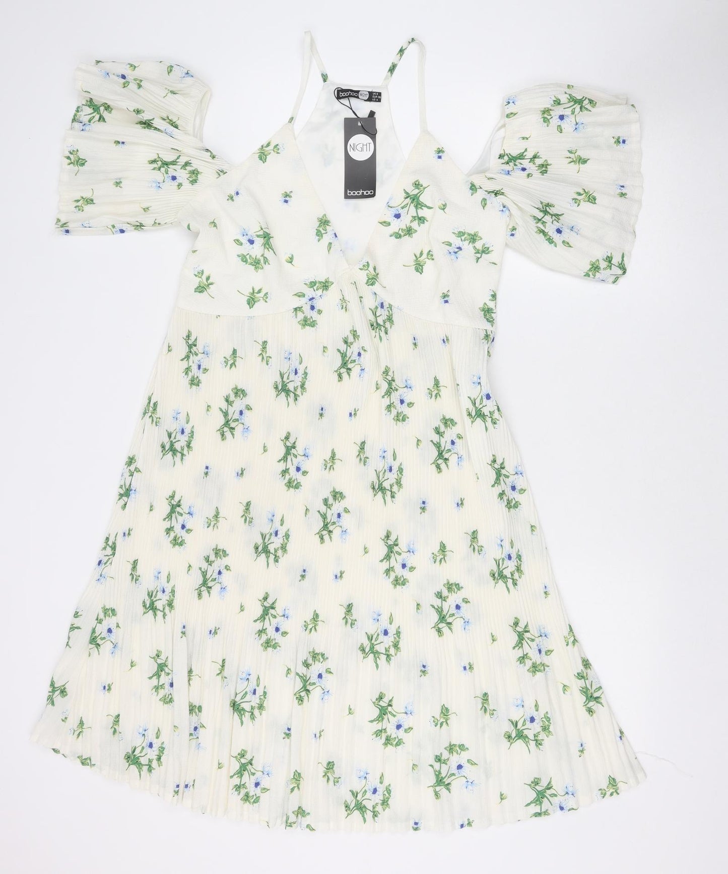 Boohoo Womens Ivory Floral Polyester Fit & Flare Size 8 V-Neck Zip