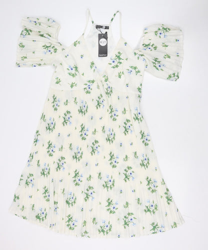 Boohoo Womens Ivory Floral Polyester Fit & Flare Size 8 V-Neck Zip