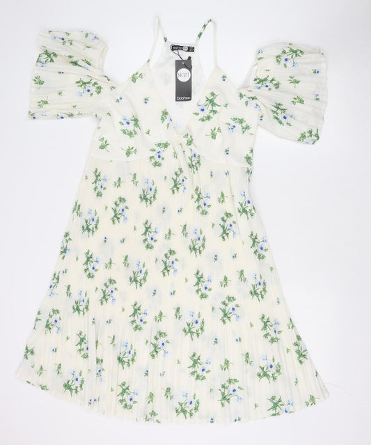 Boohoo Womens Ivory Floral Polyester Fit & Flare Size 8 V-Neck Zip