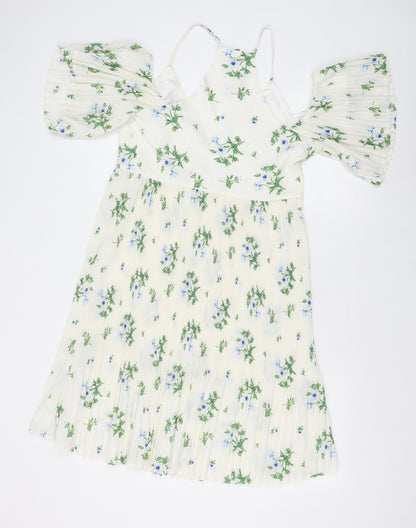 Boohoo Womens Ivory Floral Polyester Fit & Flare Size 8 V-Neck Zip