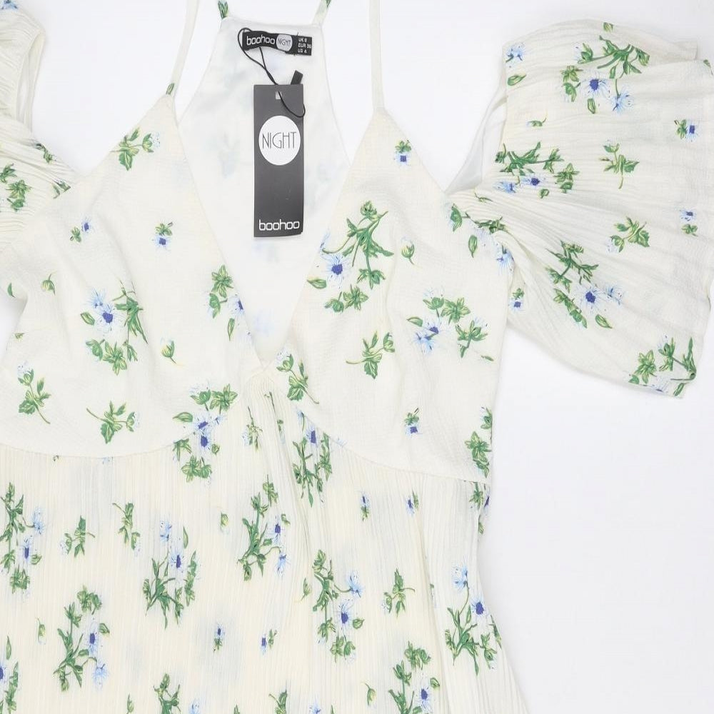 Boohoo Womens Ivory Floral Polyester Fit & Flare Size 8 V-Neck Zip