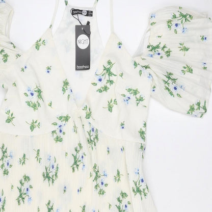 Boohoo Womens Ivory Floral Polyester Fit & Flare Size 8 V-Neck Zip