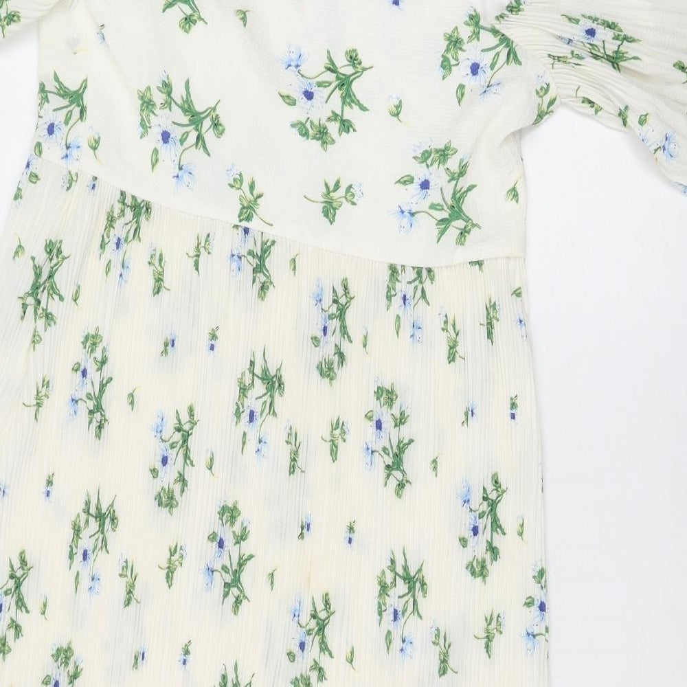 Boohoo Womens Ivory Floral Polyester Fit & Flare Size 8 V-Neck Zip