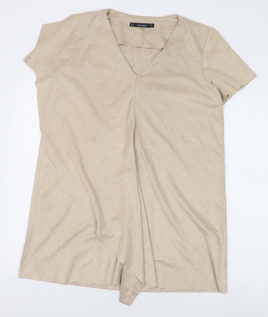 Zara Womens Beige Polyester Shift Size M V-Neck Zip