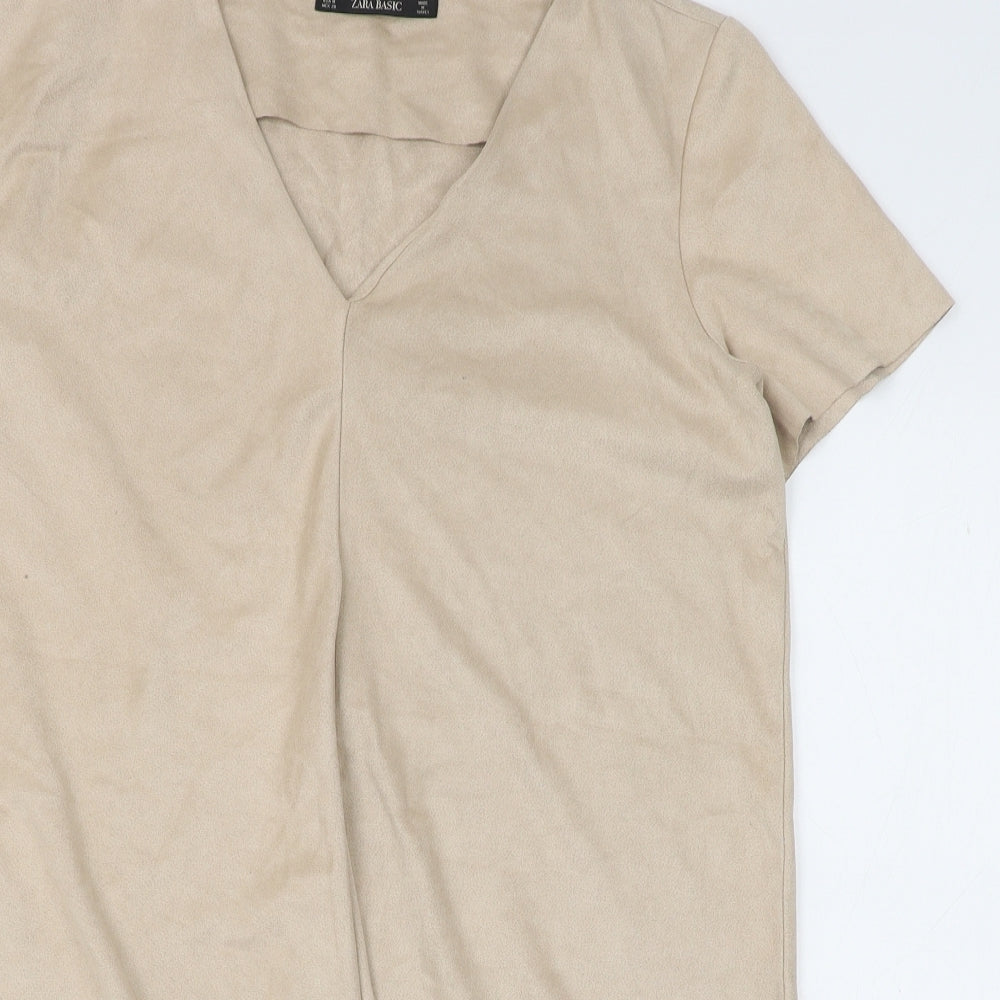 Zara Womens Beige Polyester Shift Size M V-Neck Zip