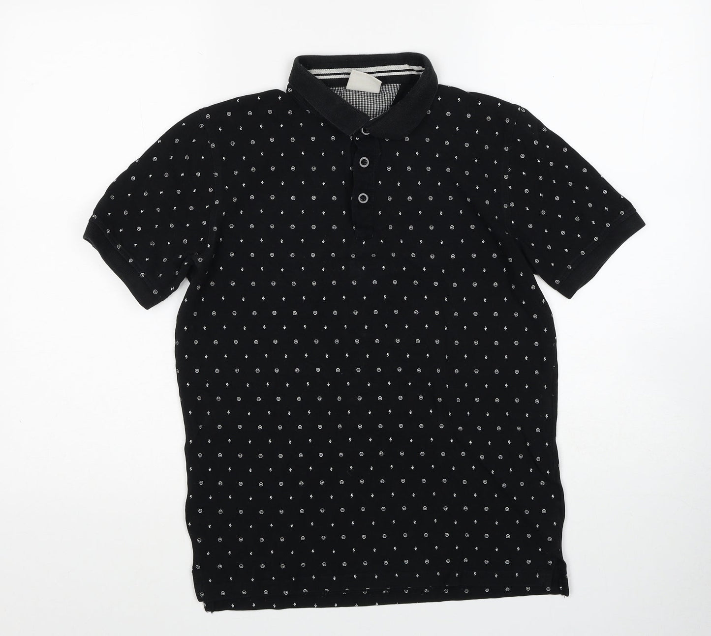 Jefferson Boys Black Geometric Cotton Basic Polo Size L Collared Button - Lightening Bolt