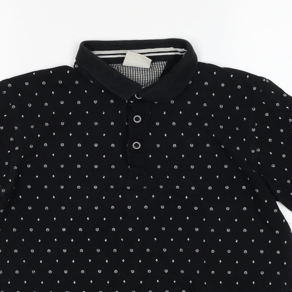 Jefferson Boys Black Geometric Cotton Basic Polo Size L Collared Button - Lightening Bolt