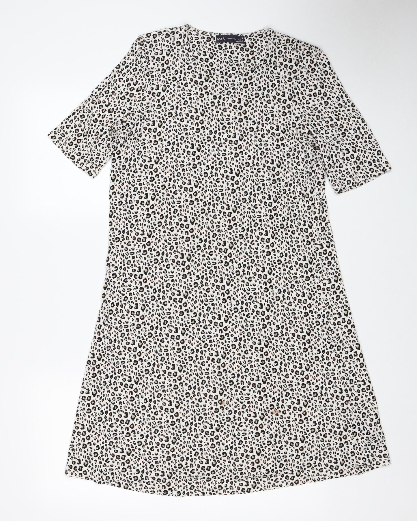 Marks and Spencer Womens White Animal Print Viscose A-Line Size 12 Round Neck - Leopard Print
