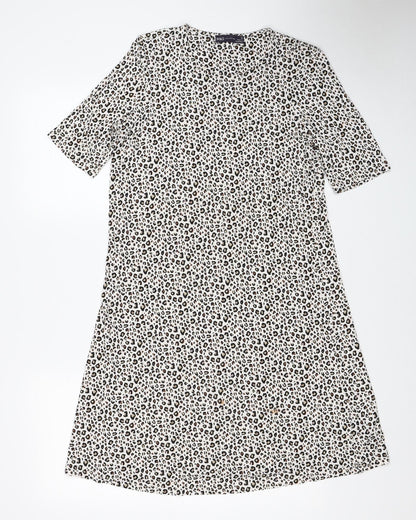 Marks and Spencer Womens White Animal Print Viscose A-Line Size 12 Round Neck - Leopard Print