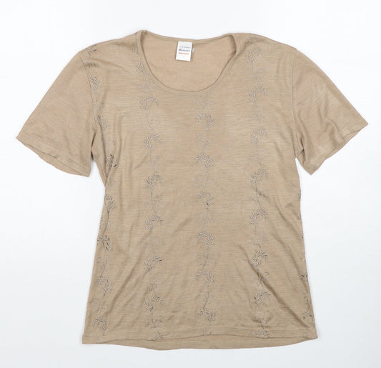 Damart Womens Beige Geometric Cotton Basic T-Shirt Size S Round Neck