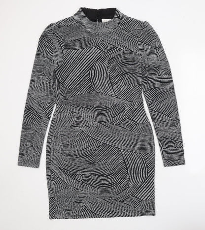 Apricot Womens Black Geometric Nylon Bodycon Size 12 Mock Neck Hook & Eye