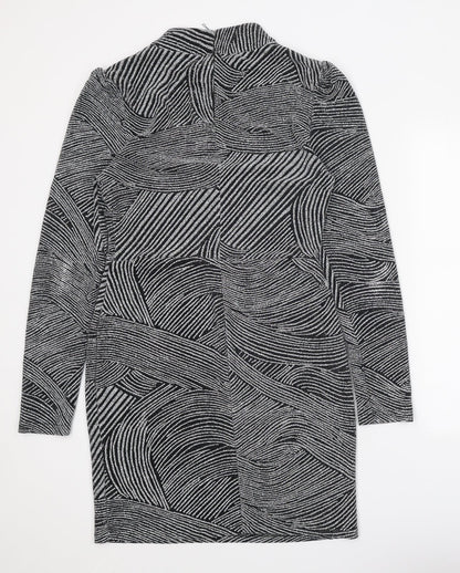 Apricot Womens Black Geometric Nylon Bodycon Size 12 Mock Neck Hook & Eye