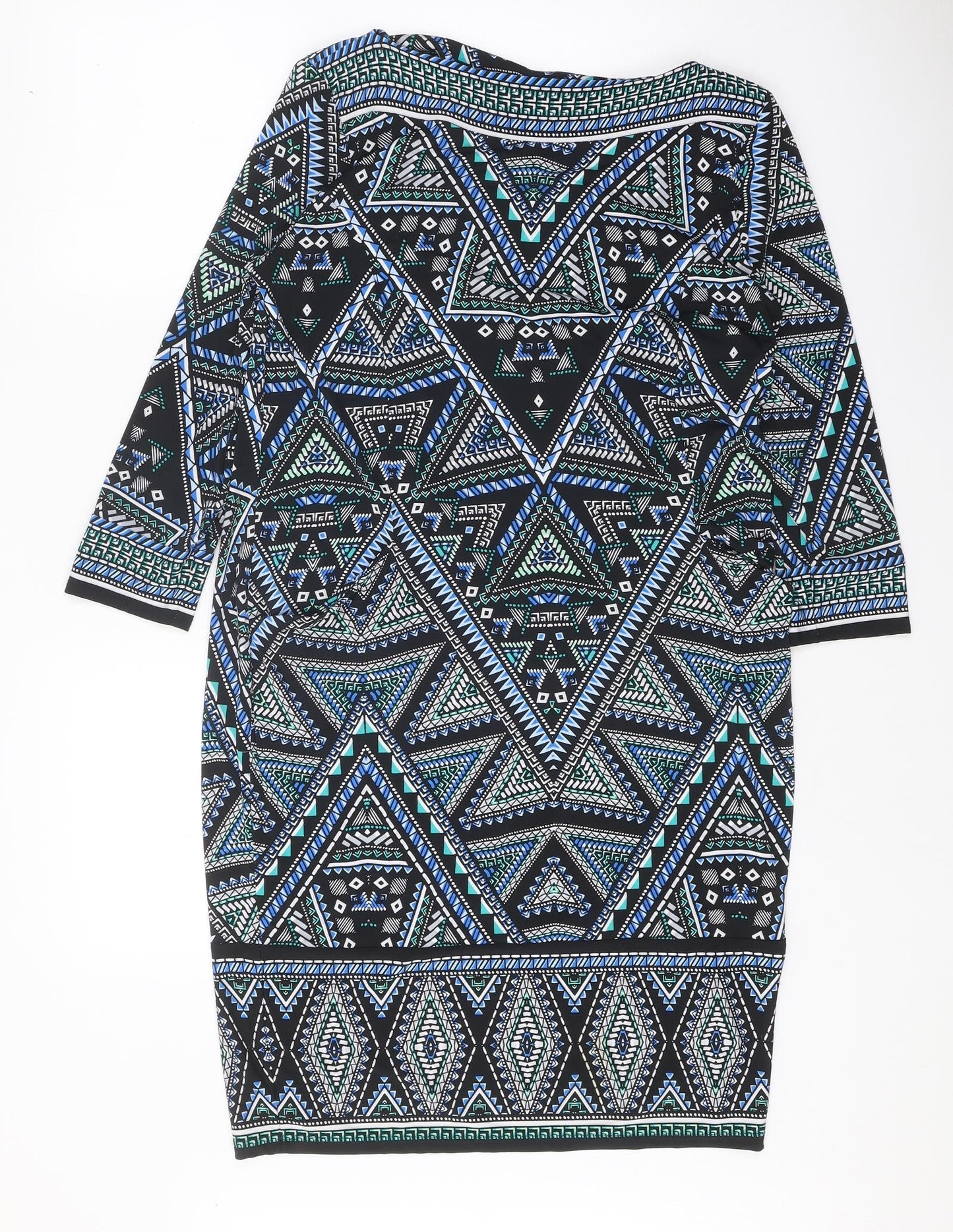 M&Co Womens Black Geometric Polyester A-Line Size 12 Boat Neck Pullover