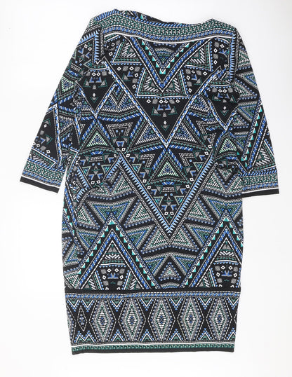 M&Co Womens Black Geometric Polyester A-Line Size 12 Boat Neck Pullover