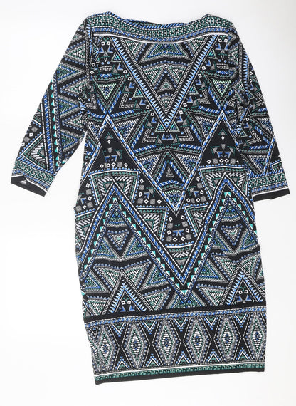 M&Co Womens Black Geometric Polyester A-Line Size 12 Boat Neck Pullover