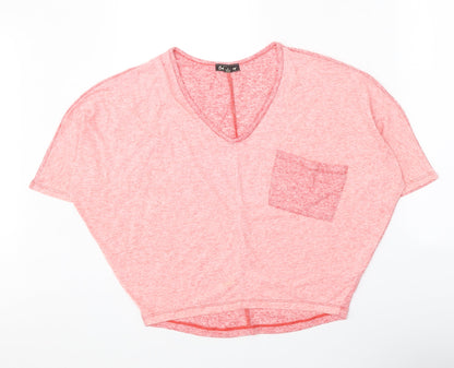 One Step Up Womens Pink Polyester Cropped T-Shirt Size L V-Neck