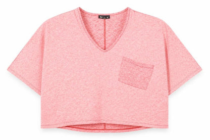One Step Up Womens Pink Polyester Cropped T-Shirt Size L V-Neck