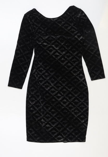 Warehouse Womens Black Geometric Polyester Bodycon Size 8 Scoop Neck Pullover