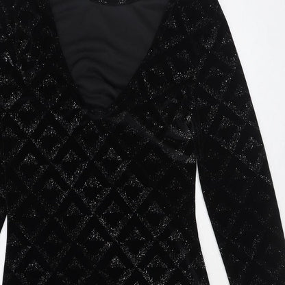 Warehouse Womens Black Geometric Polyester Bodycon Size 8 Scoop Neck Pullover