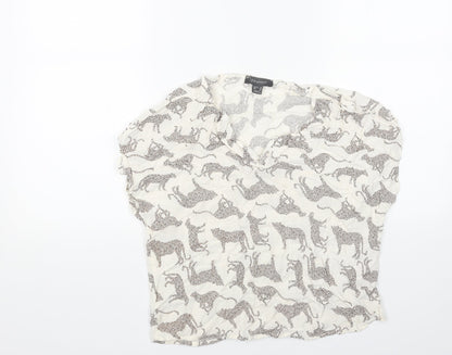 Primark Womens White Geometric Viscose Cropped Blouse Size 10 Cowl Neck - Cheetah