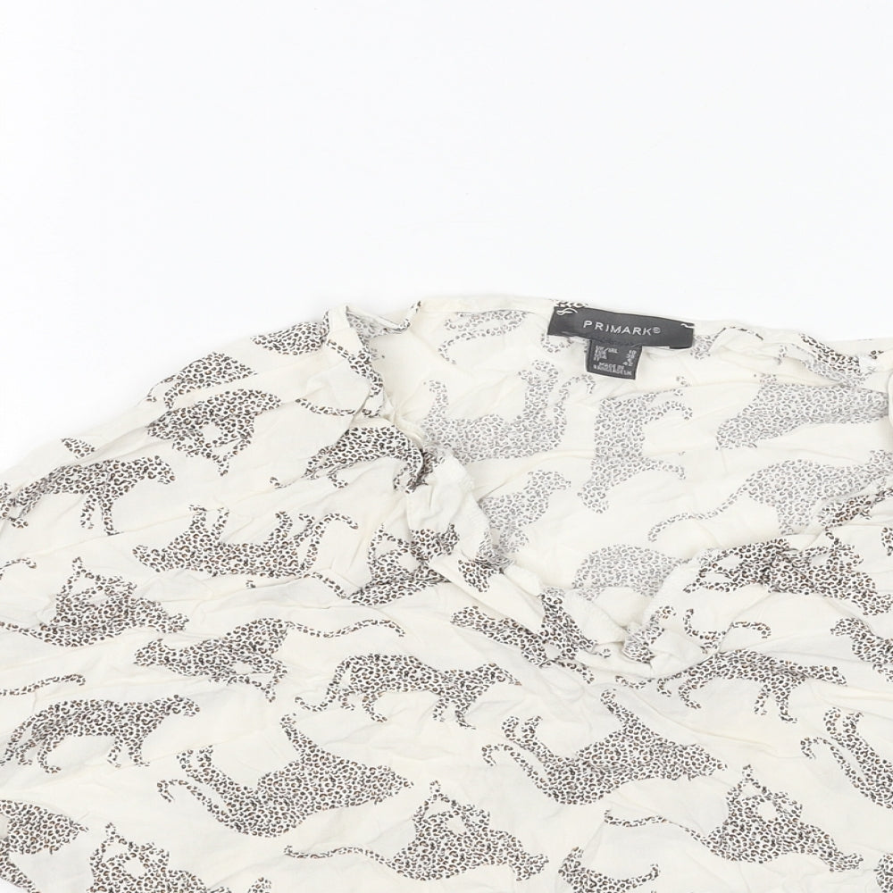Primark Womens White Geometric Viscose Cropped Blouse Size 10 Cowl Neck - Cheetah