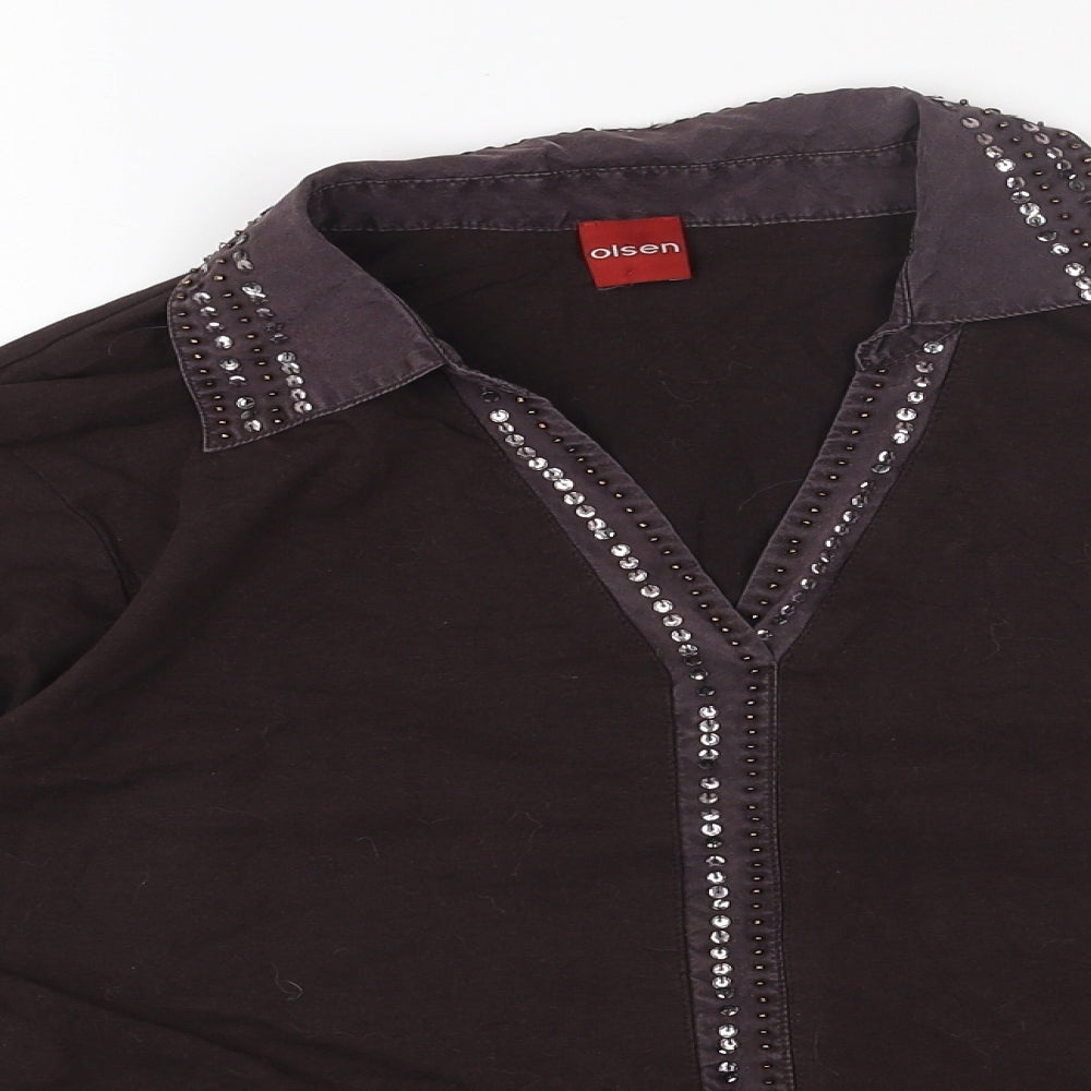 Olsen Womens Brown Cotton Basic Blouse Size 12 Collared