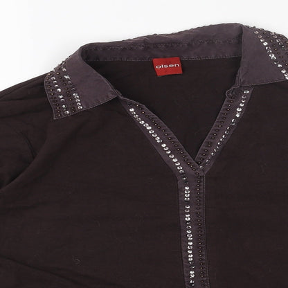 Olsen Womens Brown Cotton Basic Blouse Size 12 Collared