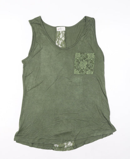 Glitz Womens Green Viscose Basic Tank Size M Scoop Neck - Lace Detail
