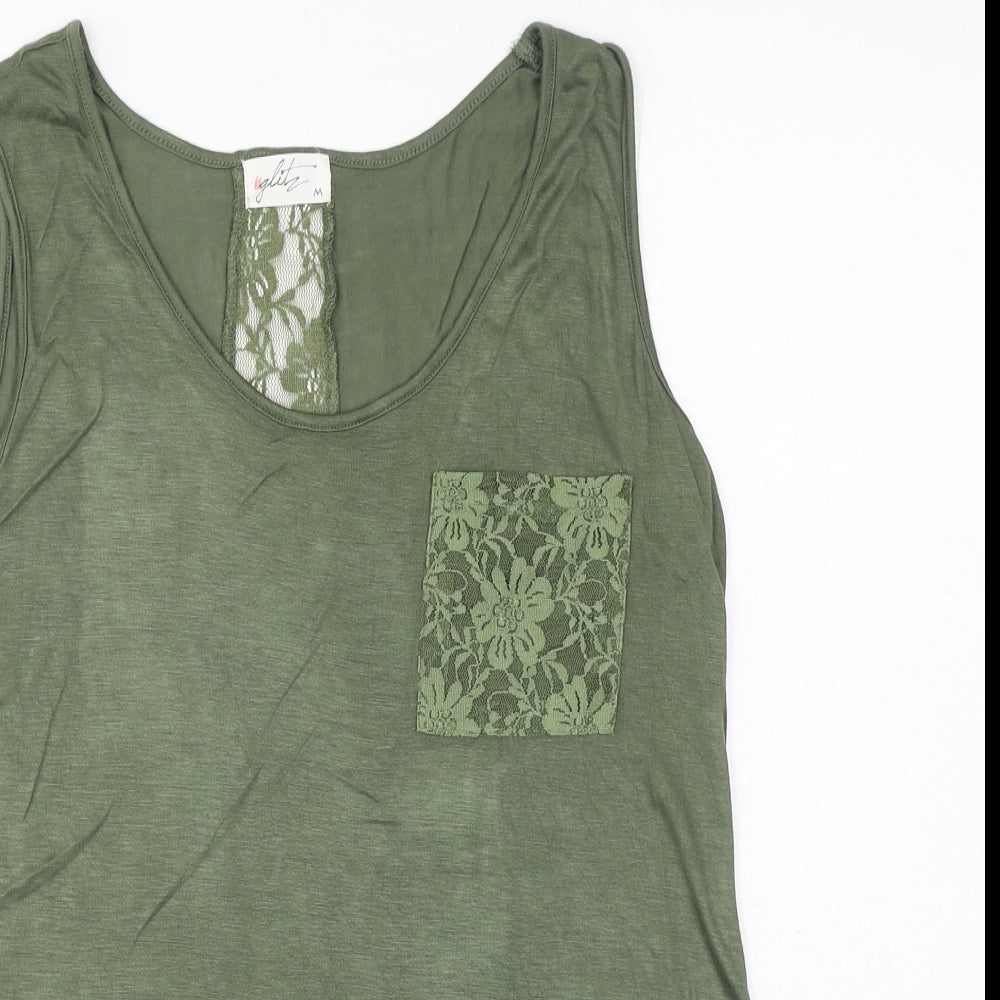 Glitz Womens Green Viscose Basic Tank Size M Scoop Neck - Lace Detail