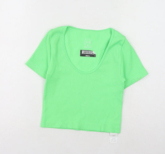 Missguided Womens Green Polyamide Cropped T-Shirt Size S Scoop Neck - Ribbed