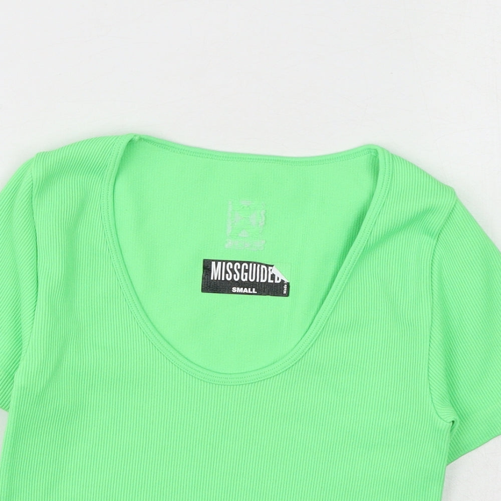 Missguided Womens Green Polyamide Cropped T-Shirt Size S Scoop Neck - Ribbed