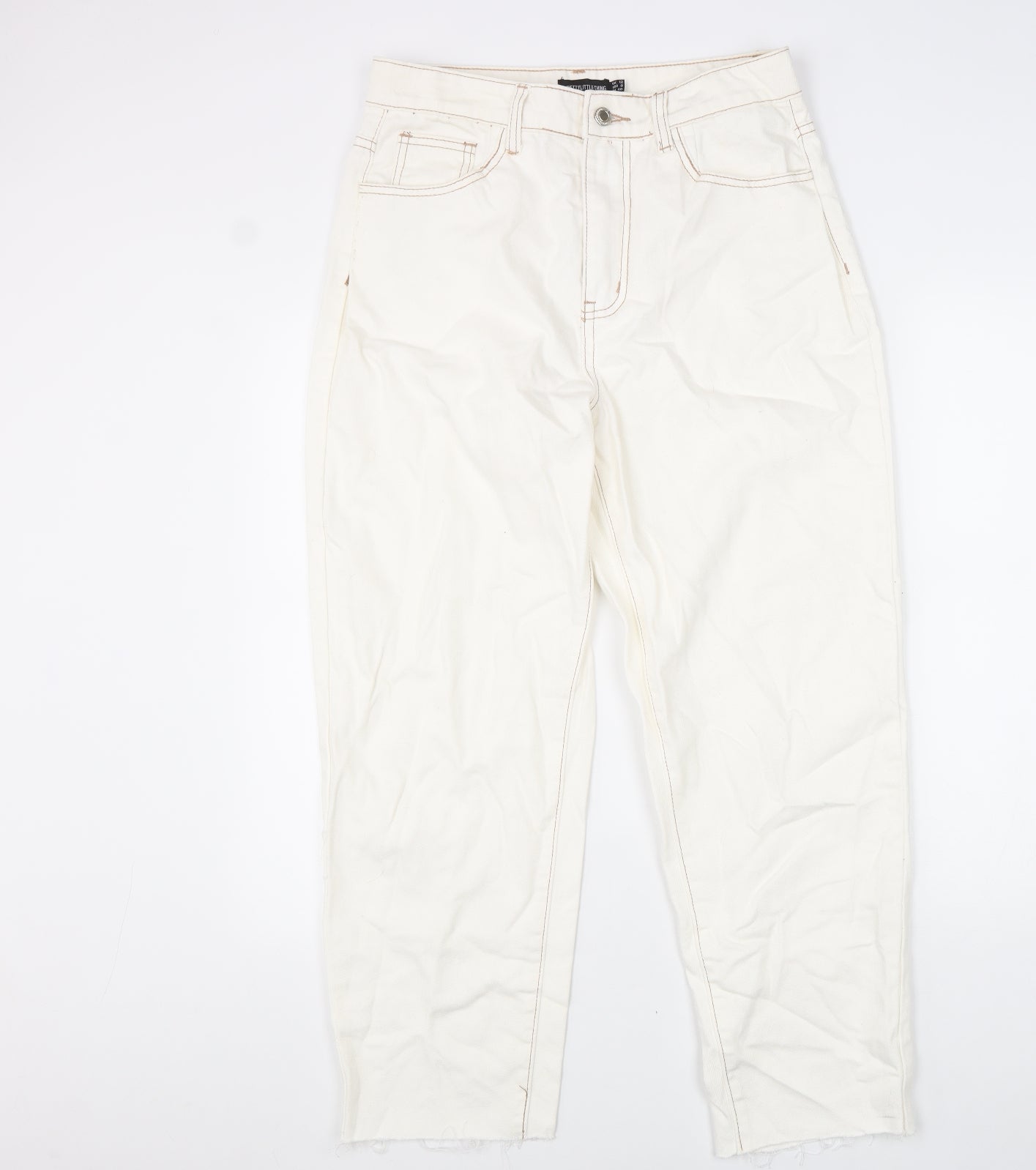 PRETTYLITTLETHING Womens White Cotton Straight Jeans Size 12 L31 in Regular Zip - Distressed Hems