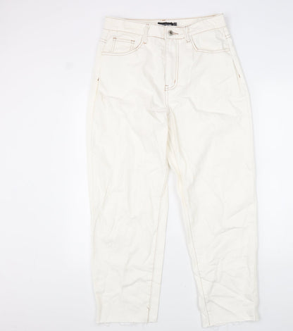 PRETTYLITTLETHING Womens White Cotton Straight Jeans Size 12 L31 in Regular Zip - Distressed Hems