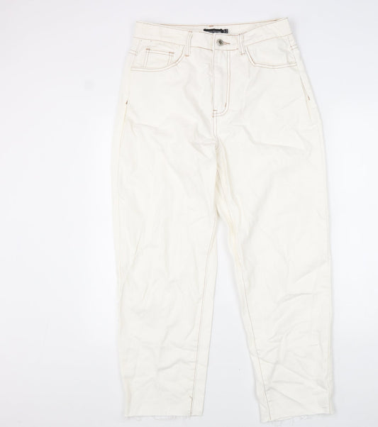 PRETTYLITTLETHING Womens White Cotton Straight Jeans Size 12 L31 in Regular Zip - Distressed Hems