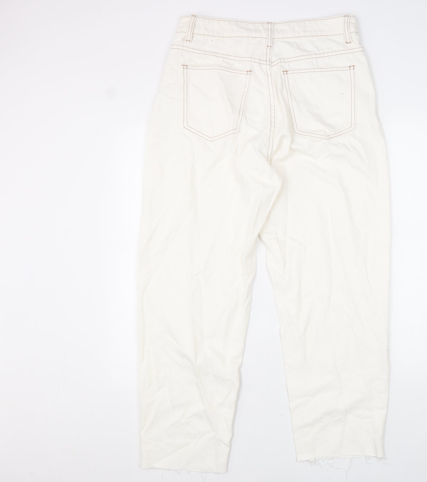 PRETTYLITTLETHING Womens White Cotton Straight Jeans Size 12 L31 in Regular Zip - Distressed Hems